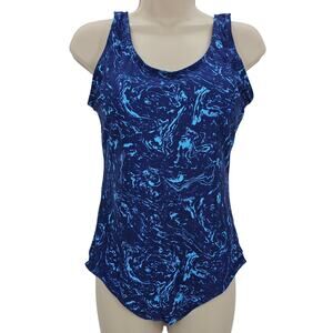 Zando Womans size L Water Print Criss Cross Back One Piece Swimsuit Blue NWOT